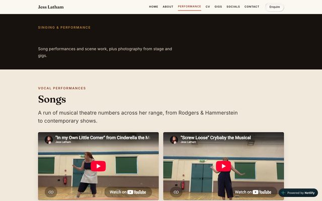 Jess Latham website — performance page